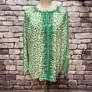 The Quacker Factory Green & White Long Sleeve Cardigan Sweater Size XL